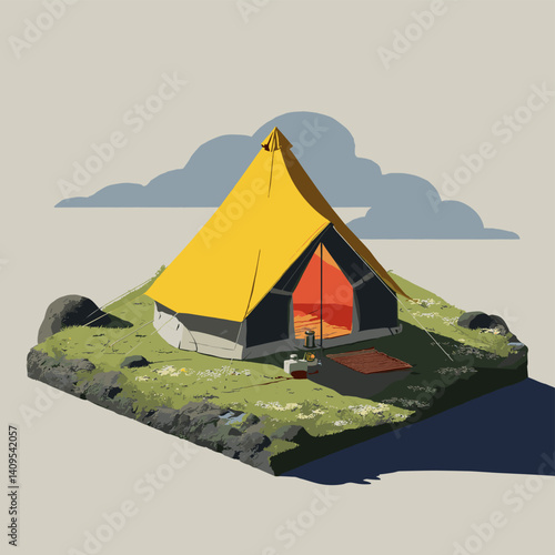 Vector illustration of a yellow glamping tent on a grassy platform with outdoor furniture and rocks, in isometric style with soft shadows and minimal background