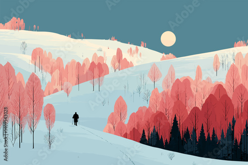 Vector illustration of a person walking through a snowy forest landscape with pink trees and a full moon in a calm winter evening scene