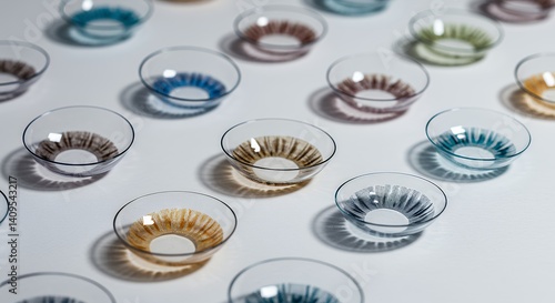Display of Multiple Colored Contact Lenses Arranged on a White Surface