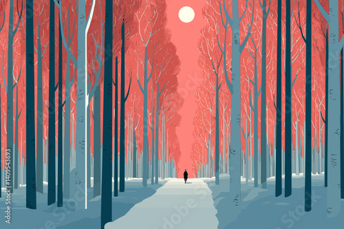 Minimalist vector illustration of a lone figure walking through a surreal winter forest with red trees and a glowing sun, evoking calm, solitude, and dreamlike beauty