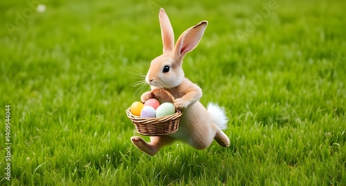 Easter bunny hopping across a meadow holding a basket full of eggs. Easter time photo. Background photo