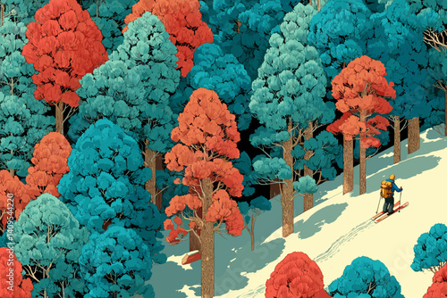 Colorful vector illustration of a skier moving through a stylized snowy forest with red and teal trees, capturing a surreal and peaceful winter adventure