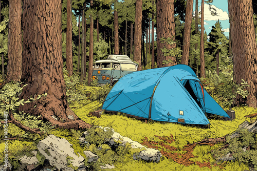 Vector illustration of a blue tent in a quiet forest campsite with tall trees, mossy ground, rocks, and a vintage camper van in the background