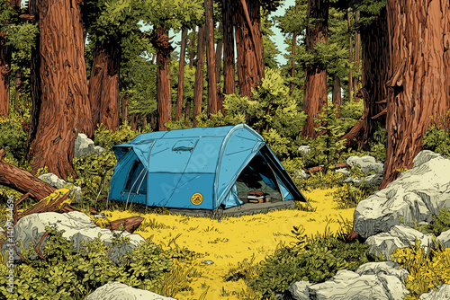 Vector illustration of a blue tent in a quiet forest campsite with tall trees, mossy ground, rocks, and a vintage camper van in the background