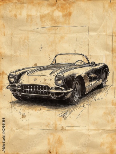 Vintage sketch of classic convertible car on aged paper