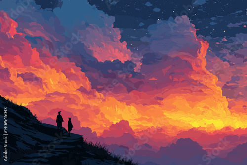 Vibrant vector illustration of two people silhouetted on a hill against a dramatic sunset sky filled with glowing clouds and emerging stars, evoking awe and wonder
