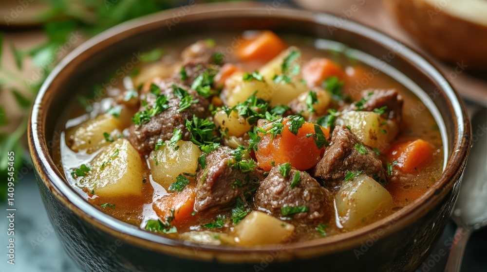 Deliciously hearty beef stew with fresh vegetables garnished with parsley, perfect for cozy evenings Deliciously hearty beef stew with fresh vegetables garnished with parsley, perfect for cozy evenings