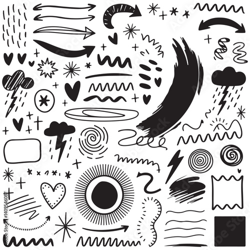 Whimsical Hand-Drawn Doodle Collection: Curved Arrows, Squiggly Lines, Lightning Bolts & More | Black Vector Sketches on White Background