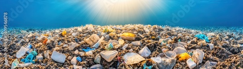 Ocean Pollution Causing Environmental Crisis, Piles of Plastic Waste on Seafloor with Sunlight Shining Through Water, Ecological Disaster Underwater Scene