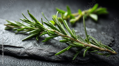 Fresh rosemary sprig on slate in elegant setup