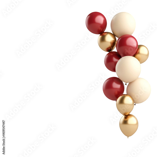 Festive Bunch of Balloons Burgundy Gold and Cream Colored Balloons for Birthday Party Celebrations Anniversary Decorations or Holiday Events Isolated on White Background 3D Render Illustration