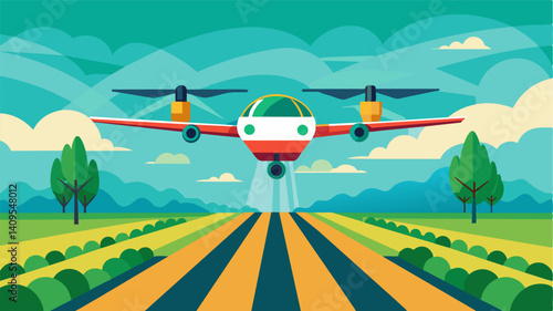 Miles above the ground a futuristic air taxi flies in tandem with a massive hightech farming drone the two working in perfect synchronization to tend to the crops below.. Vector illustration