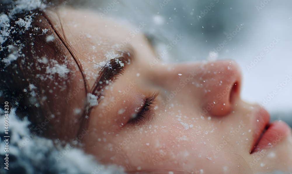 Fototapeta premium girl is lying on her back in the snow, Snowflakes slowly fall on delicate faces, Generative AI