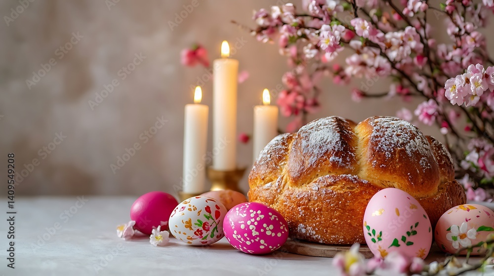 A joyous Orthodox Easter scene with traditional Easter bread, painted eggs, and church candles against a soft pastel background