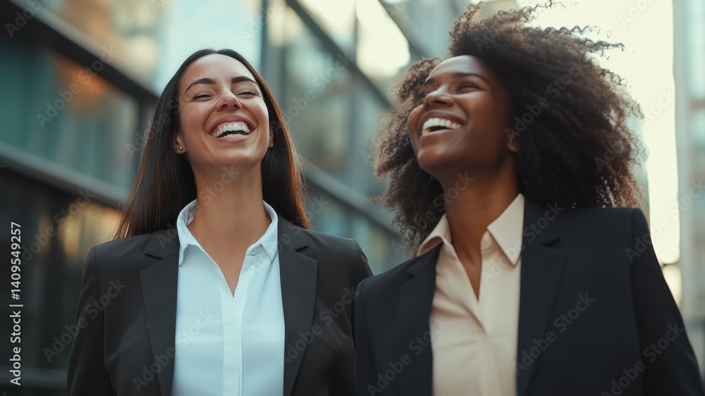 Two diverse businesswomen in suits laugh happily outside a modern building. Two diverse businesswomen in suits laugh happily outside a modern building.
