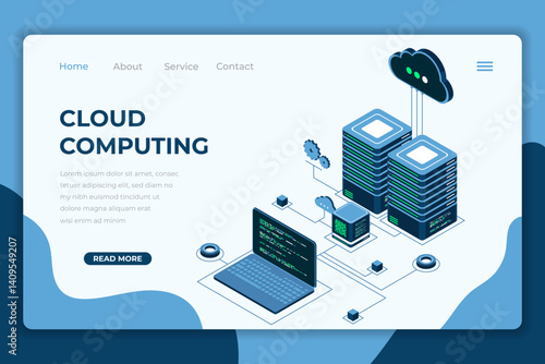 Cloud computing isometric landing page. Cloud storage server. Cloud computing online database technology. Isometric technology
