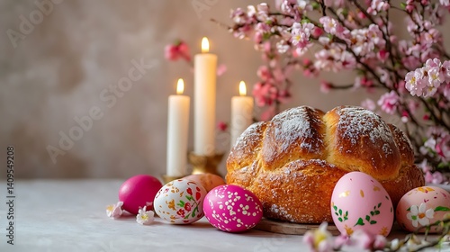 Obraz na płótnie A joyous Orthodox Easter scene with traditional Easter bread, painted eggs, and church candles against a soft pastel background w salonie