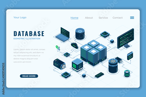 Database isometric landing page. Internet of things. Cloud computing online database technology. Isometric technology