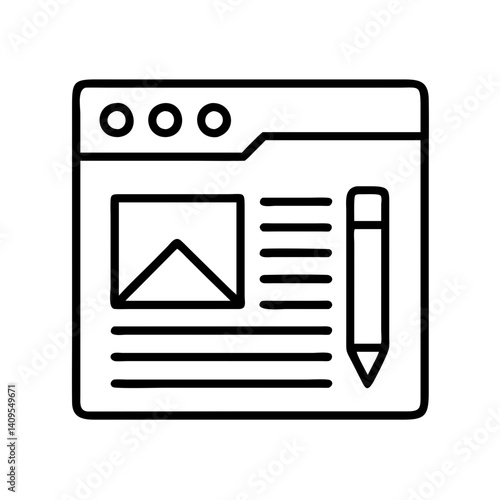 Illustration of website design layout with image placeholder, text, and pencil for creative content creation