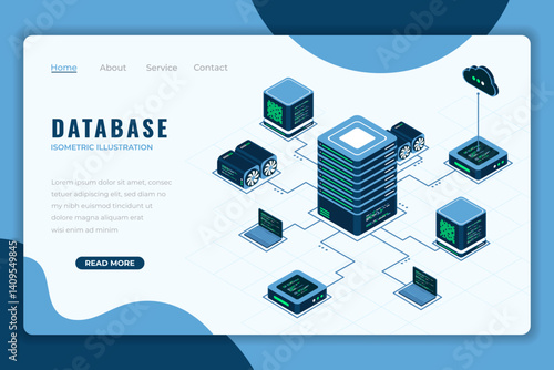 Database isometric landing page. Internet of things. Cloud computing online database technology. Isometric technology