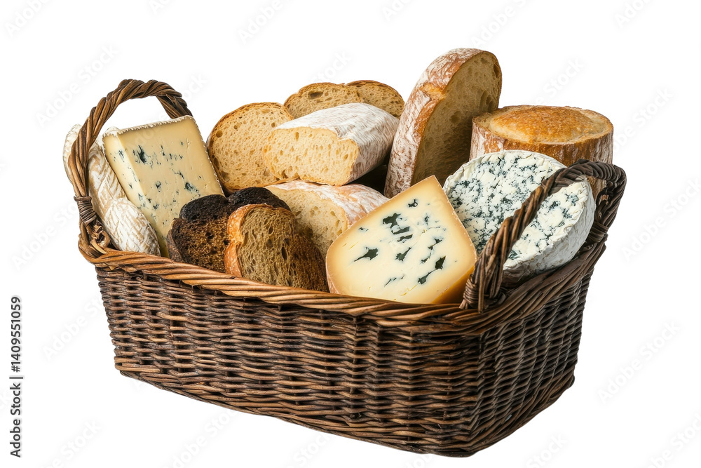 A rustic wicker basket overflowing with artisan cheeses and crusty bread on transparent background A rustic wicker basket overflowing with artisan cheeses and crusty bread on transparent background