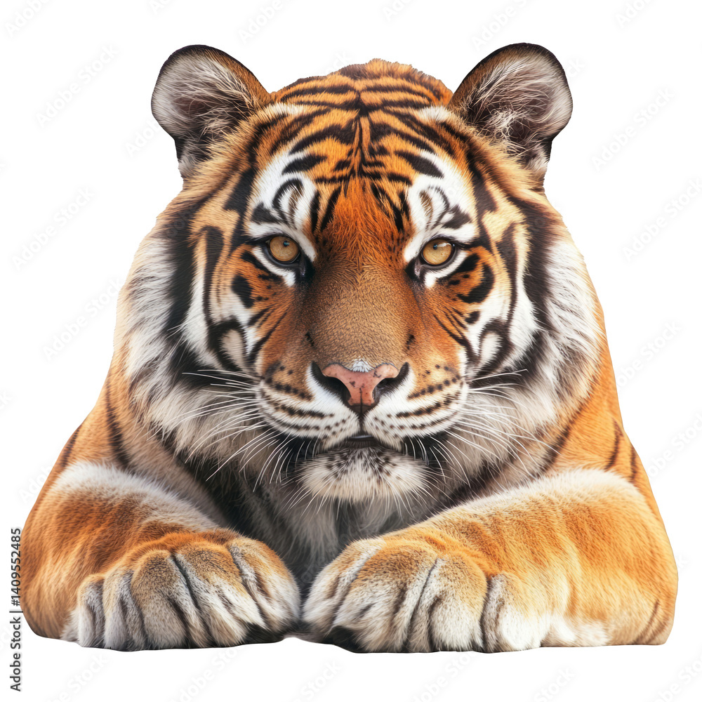 Fototapeta premium Tiger portrait isolated on white background majestic wild animal big cat predator facing forward looking at camera paws visible endangered species conservation wildlife photography zoology orange