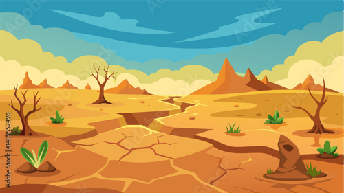 The area once covered by the ice cap is now a dusty wasteland due to the lack of precipitation. This has led to a decrease in crop yields and grazing land for livestock. Vector illustration
