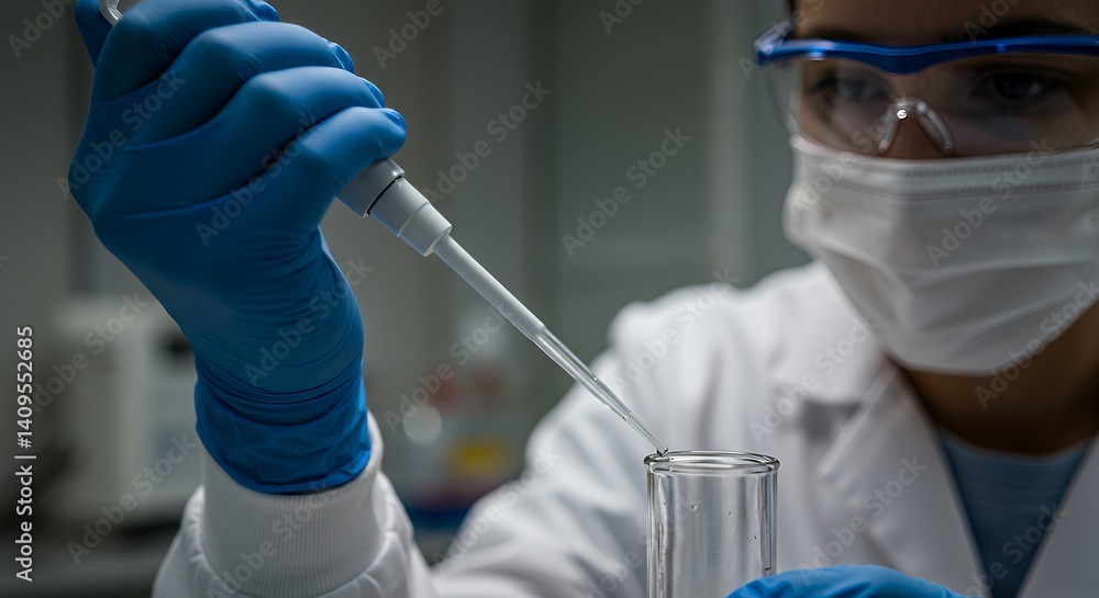 Scientist in Lab Coat Using Pipette to Transfer Liquid Sample
