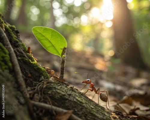 Ant carrying leaf through forest showing hard work and teamwork in nature with morning sunlight