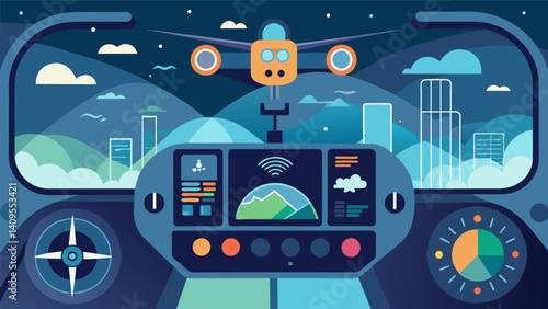 An augmented reality dashboard in the air taxi that shows realtime flight data weather conditions and potential hazards in the air or on the ground.. Vector illustration
