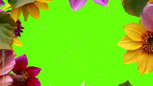 flower frame motion with green background, colorful flower decoration template with green screen