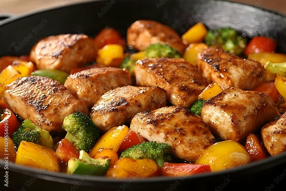 Spicy chicken and vegetable stir-fry in a cast iron pan. Spicy chicken and vegetable stir-fry in a cast iron pan.