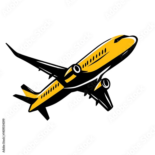 A stylized yellow and black airplane taking flight in the sky