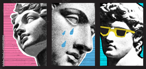 Modern Greek and Roman Art Collage with Statue Poster and Sunglasses Featuring Abstract Rave Design Elements and Futuristic Techno Patterns in a Vibrant Party ThemeWeb