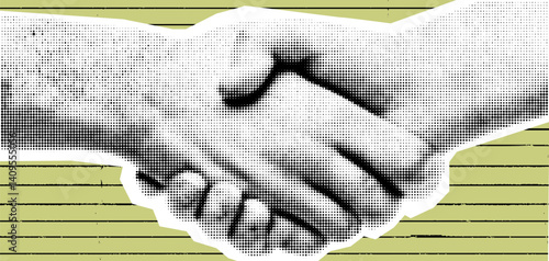 Vintage Business Handshake Collage, Isolated Retro Style with Halftone Vector Elements, Green and White Design Representing Trust.