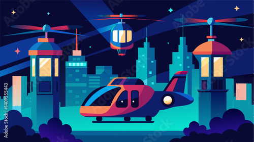 At night the air taxis light up the sky as they transport passengers to their destinations adding to the citys vibrant and ecofriendly atmosphere.. Vector illustration