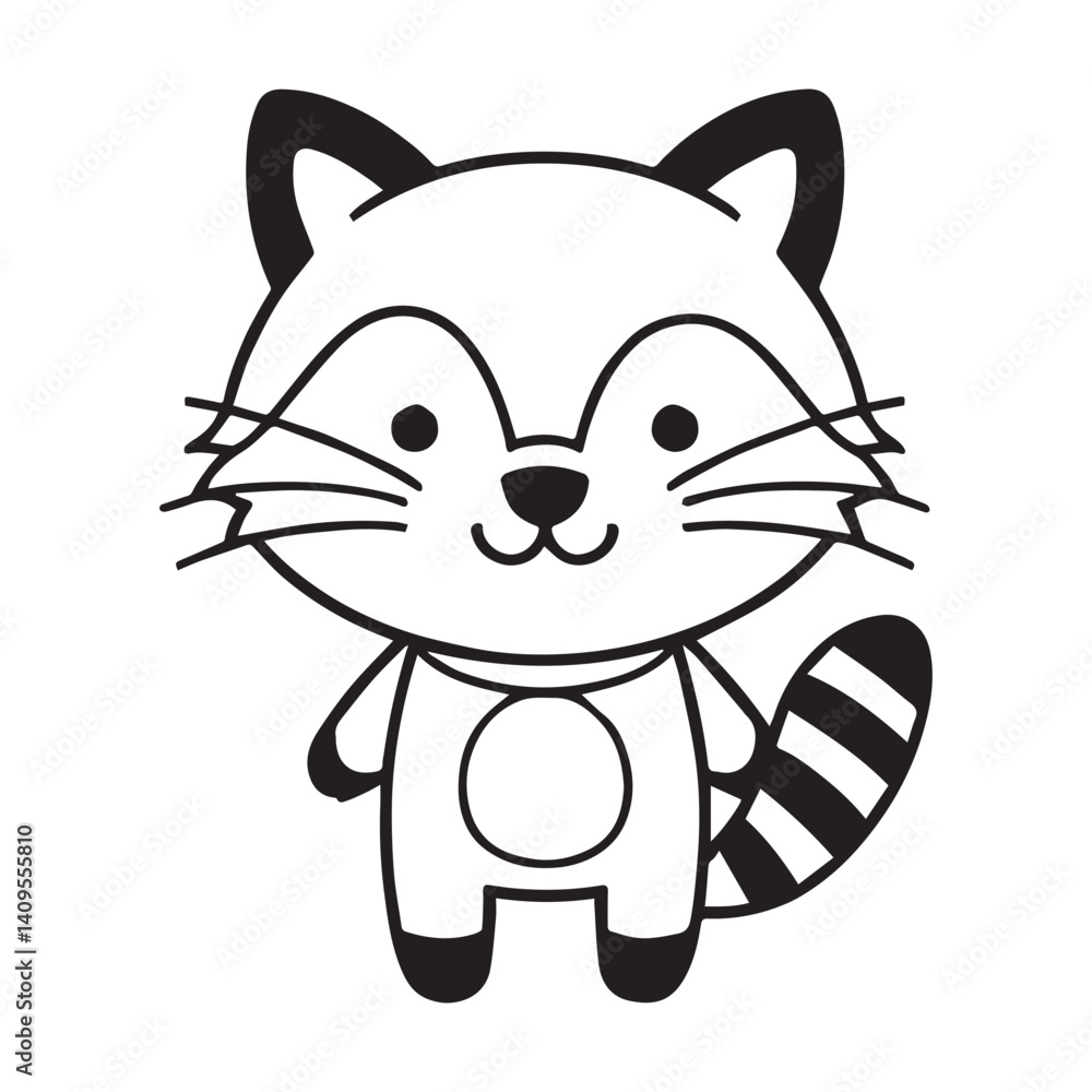 A black and white illustration of a small, friendly smiling raccoon. A black and white illustration of a small, friendly smiling raccoon.