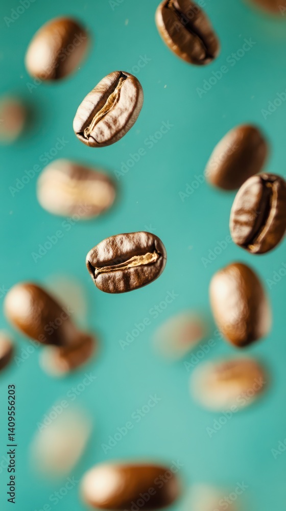 Roasted coffee beans in mid-air against a teal background. Roasted coffee beans in mid-air against a teal background.