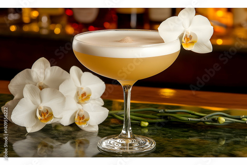 Elegant cocktail garnished with orchids, showcasing a smooth, amber hue.
