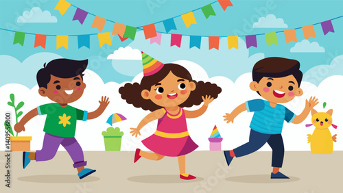 Children run around with colorful papel picado streamers trailing behind them adding to the lively and joyful atmosphere of the Mexico City street food festival.. Vector illustration