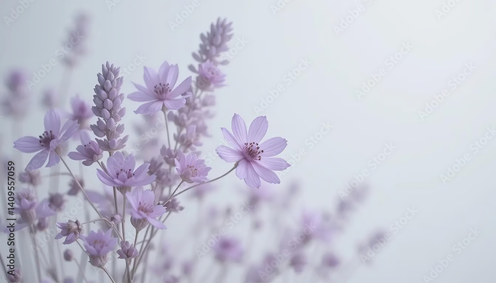 Naklejka premium Delicate purple flowers with lavender petals captured against a soft white background in a minimalist botanical composition