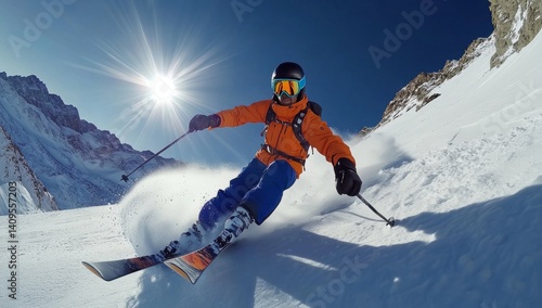 An orange and blue skier expertly maneuvers down a snow-covered slope on a clear, sunny day. Sunlight glints off the snow while he finds balance with ski poles