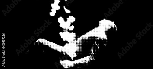 A halftone grunge bitmap of a man falling through the abstract realms of space embodies a metaphysical journey from life to death and rebirth in a surreal galaxy of stars.