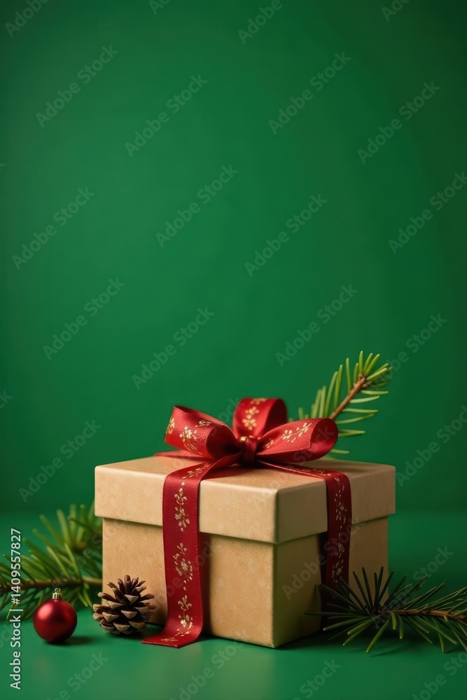 Rustic gift boxes adorned with pine, green backdrop, celebration, conifer, packaging Rustic gift boxes adorned with pine, green backdrop, celebration, conifer, packaging