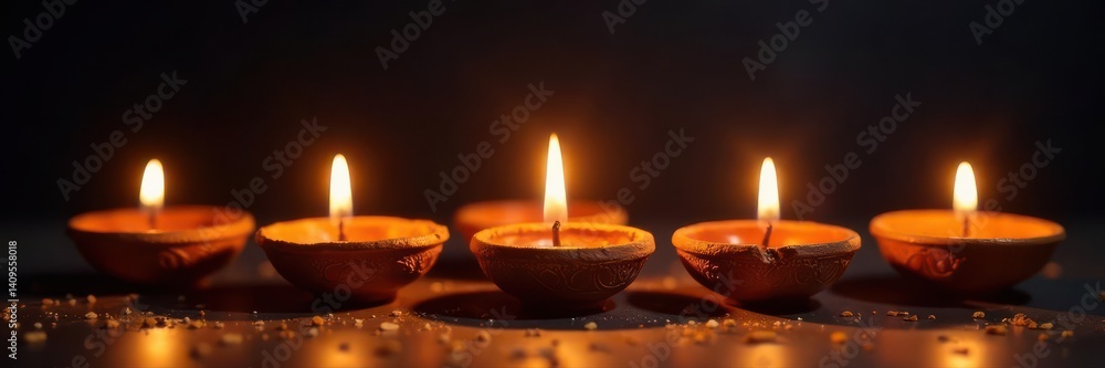 Several ornate diyas cast warm light against a black backdrop; happy Diwali , Diwali, holiday Several ornate diyas cast warm light against a black backdrop; happy Diwali , Diwali, holiday