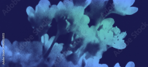 Blue Neon X-Ray Flower with Grunge Photocopy and Vintage Stipple. Halftone Rose Collage  