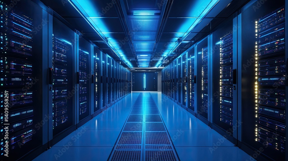 Modern server room with advanced technology and bright lighting Modern server room with advanced technology and bright lighting
