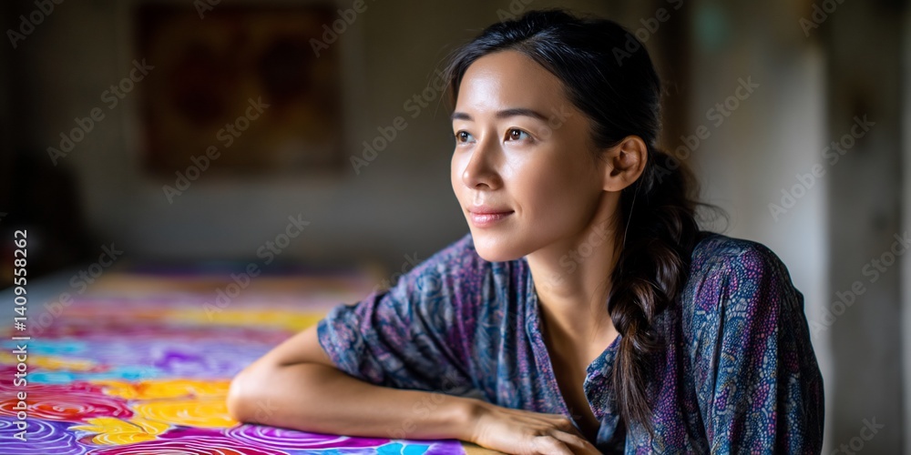 Fototapeta premium Smiling woman with a braided ponytail sits near a patterned table, gazing outside