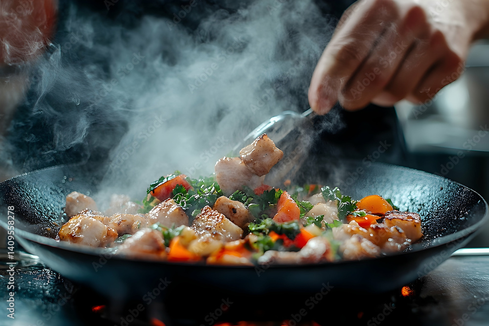 Chef's hands stir sizzling food in a large pan. Chef's hands stir sizzling food in a large pan.
