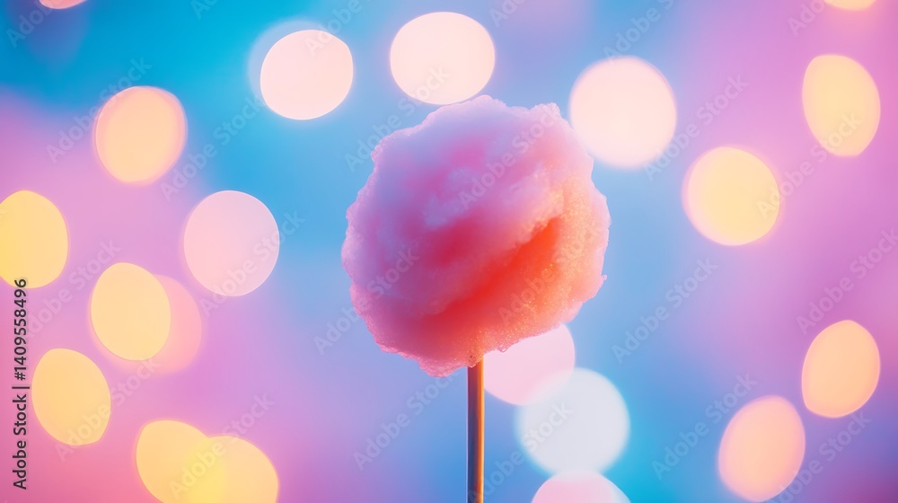 A playful National Cotton Candy Day scene with fluffy cotton candy on a stick, vibrant carnival lights, and a colorful background